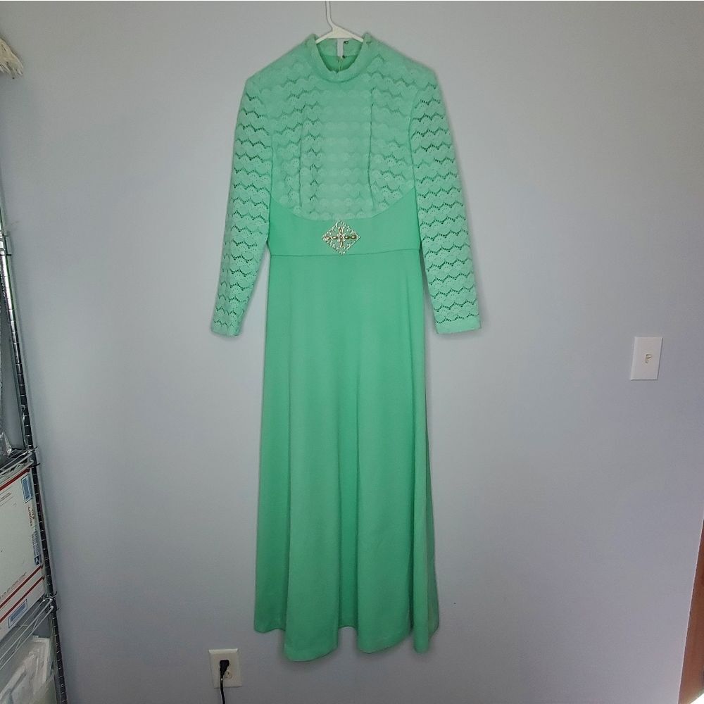 S Vintage Maxi Dress Light Green Long Sleeve Lace Grannycore Mediumweight